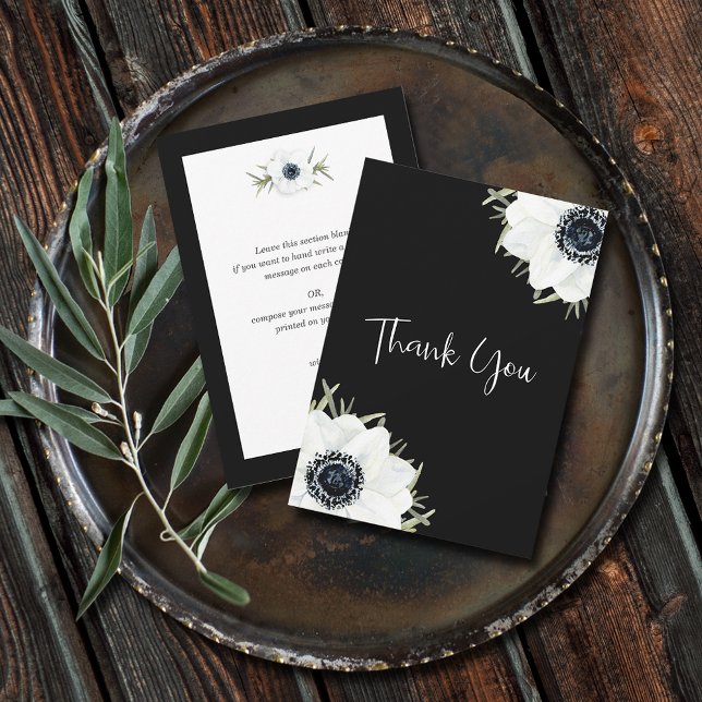 Black White Anemones Blommigt Tack (Black and White Anemones Floral Flat Thank You Cards - 3.5" x 5")