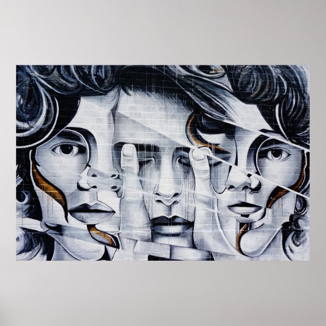 Black & White Ansikte Graffiti Street Art Bild Poster (Framsidan)