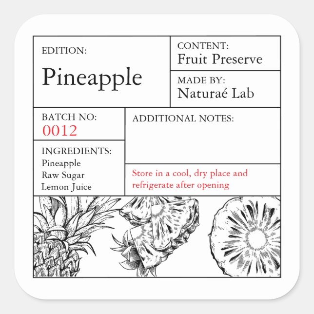 Black & White Apothecary Pineapple label Fyrkantigt Klistermärke (Framsida)