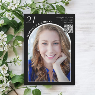 Black White Arch Photo QR-kod 21:a födelsedagen Inbjudningar