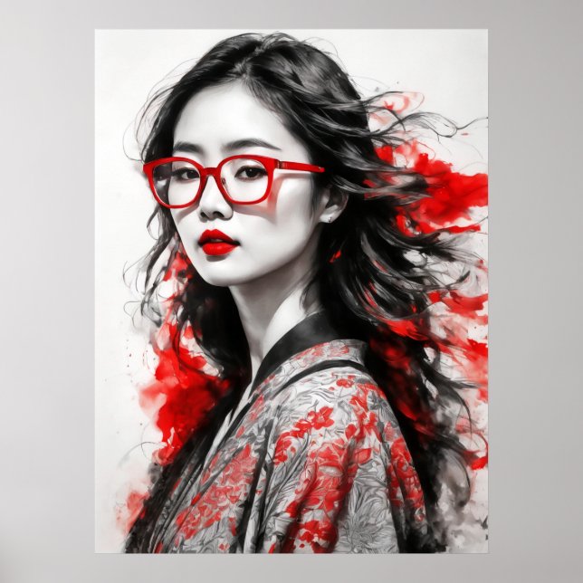Black White Asian Woman Woman Teckning Poster (Framsidan)