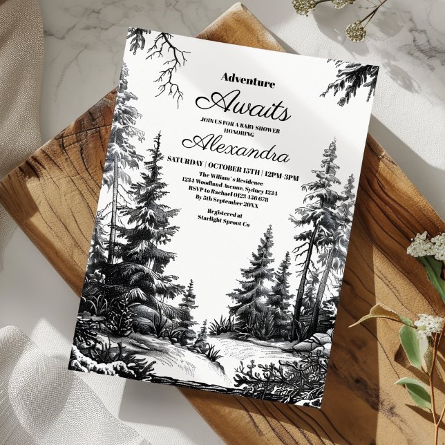 Black White Äventyr Mountain Baby Shower Inbjudningar (Skapare uppladdad)