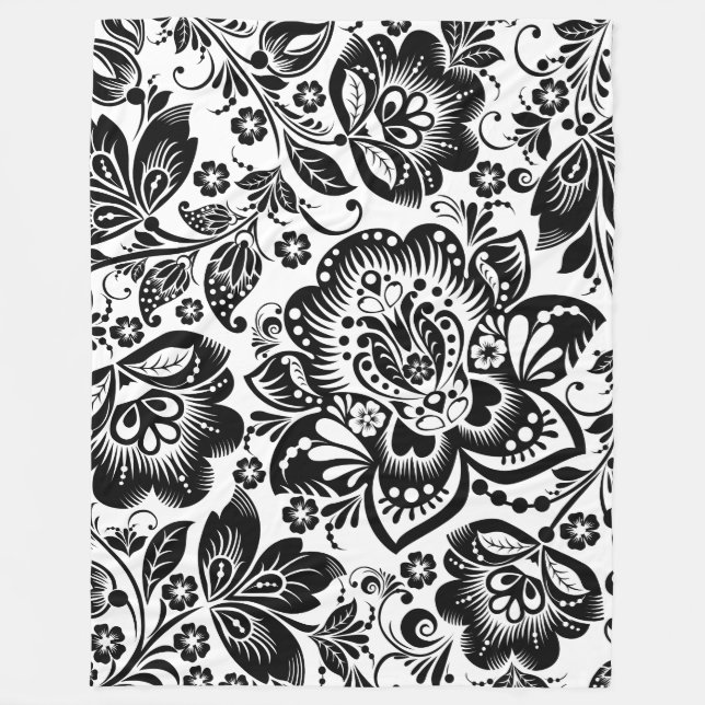 Black & White Baroque-Blommönster Fleecefilt (Framsidan)