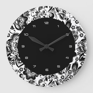 Black & White Baroque Flowers Mönster Stor Klocka