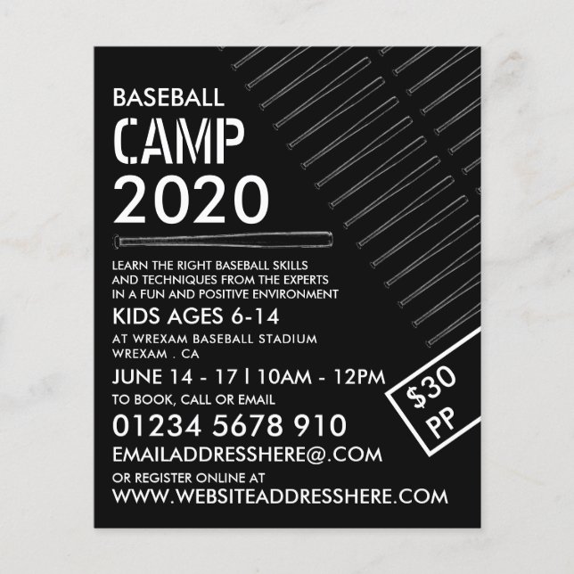 Black & White Baseball Fladdermus, Baseball Camp A Flygblad (Framsidan)