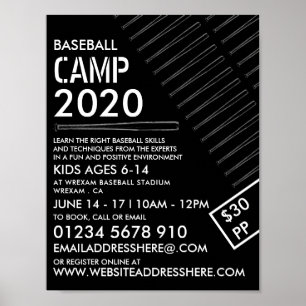 Black & White Baseball Fladdermus, Baseball Camp A Poster