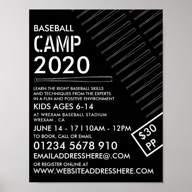 Black & White Baseball Fladdermus, Baseball Camp A Poster (Framsidan)
