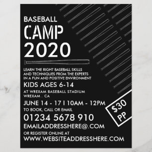 Black & White Baseball Fladdermus, Baseball Camp A Reklamblad