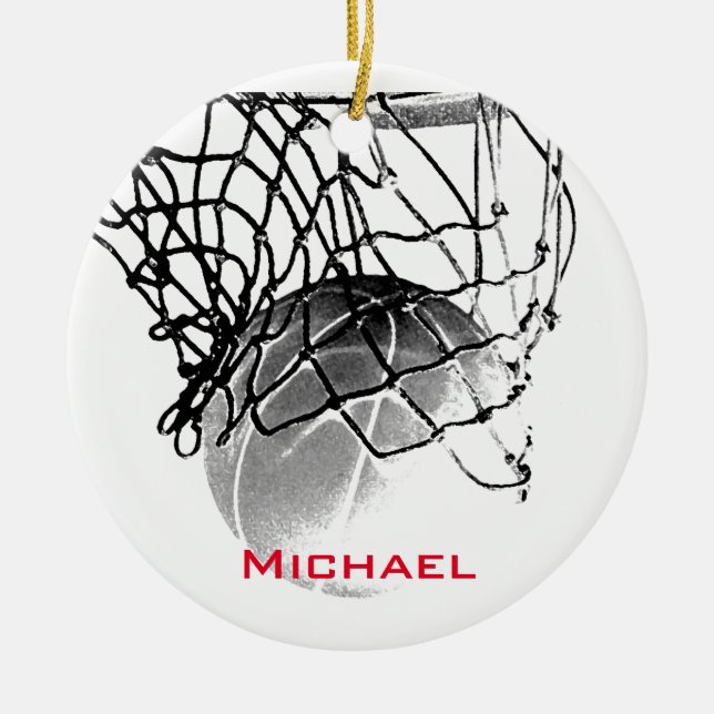 Black & White Basketball Add Your Name Julgransprydnad Keramik (Framsidan)