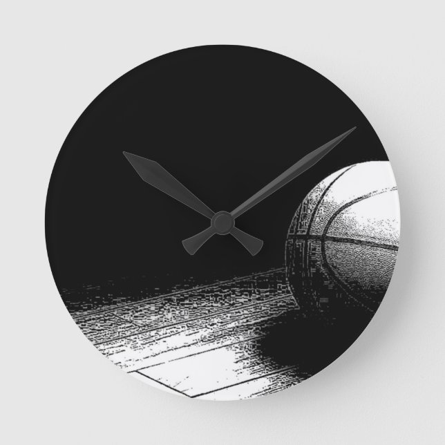 Black White Basketball Art Rund Klocka (Framsida)