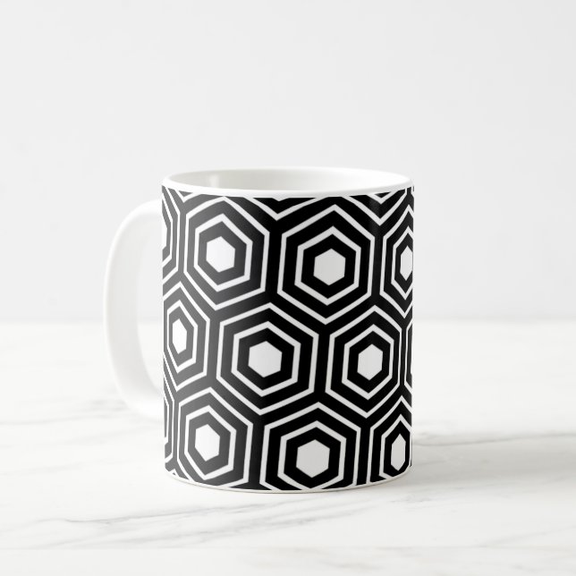 Black White Beehive Hexagon Rand Mönster Kaffemugg (Framsida vänster)