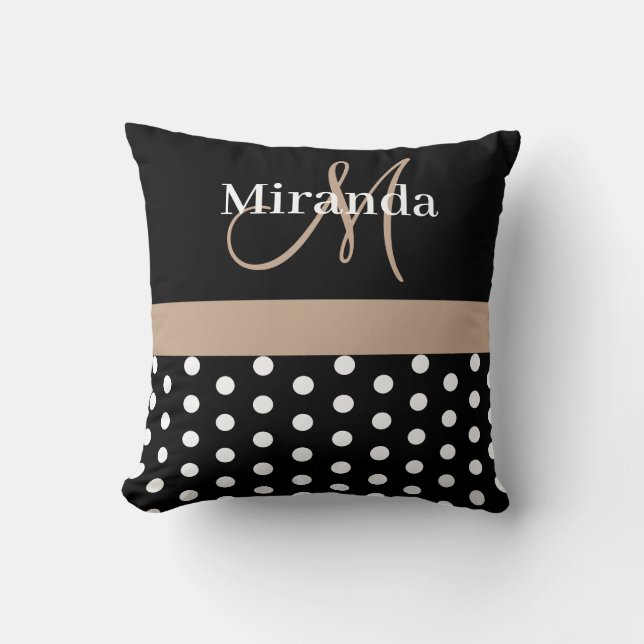 Black White Beige Monogram Script Polka dots Kudde (Framsida)