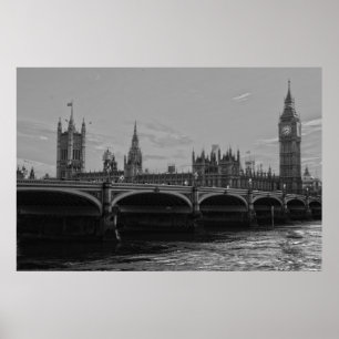 Black White Big Ben Torn Palace of Westminster Poster