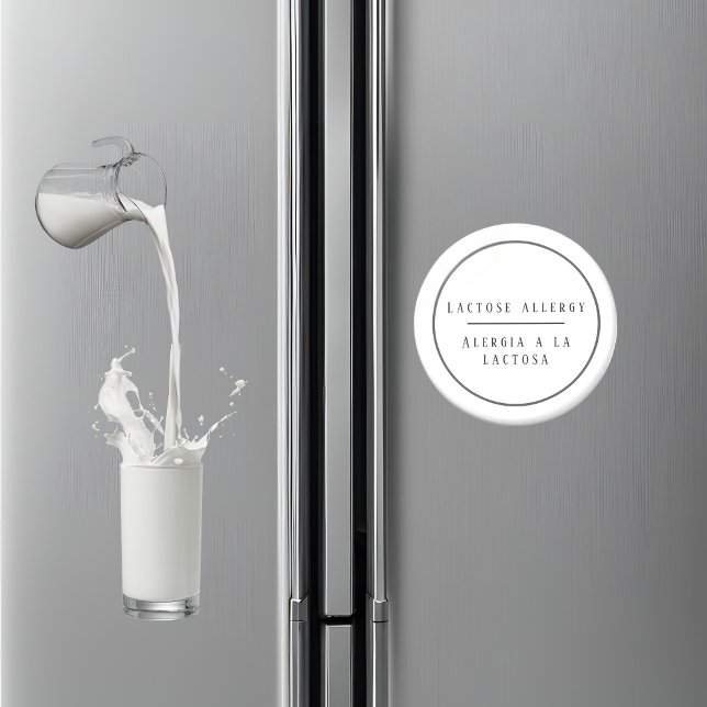 Black & White Bilingual Lactose Allergy Spanska Magnet (Bilingual lactose allergy warning magnet, Spanish custom text & name Multilingual project)