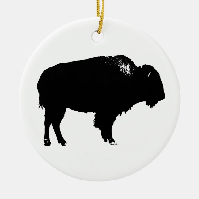 Black & White Bison Buffalo Silhouette-poppart Julgransprydnad Keramik (Framsidan)