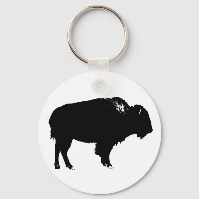Black & White Bison Buffalo Silhouette-poppart Nyckelring (Framsida)