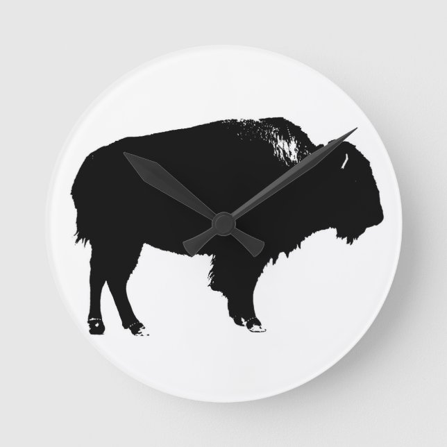 Black & White Bison Buffalo Silhouette-poppart Rund Klocka (Framsida)