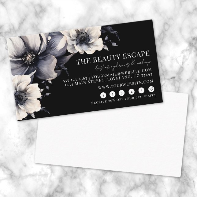 Black White Blommigt Beauty Lojalitetskort (Black White Floral Beauty Loyalty Card)