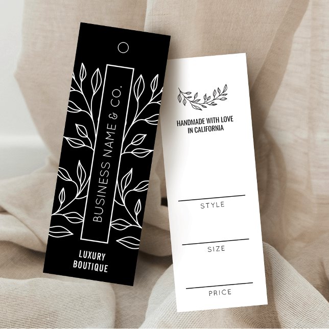 Black & White Blommigt Clothing Boutique Pris Märk Mini Visitkort (Modern black floral thin clothing labels with your custom brand name & garment info)