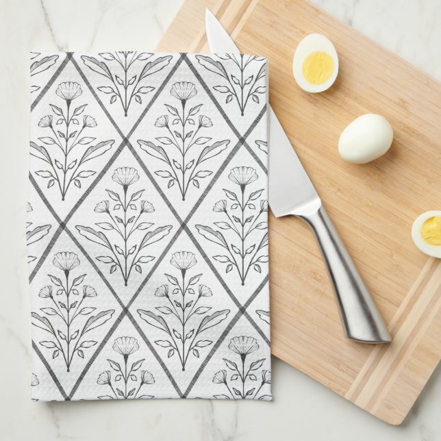 Black & White Blommigt Diamond Kitchen Towel Kökshandduk (Vikt i Fjärdedel)