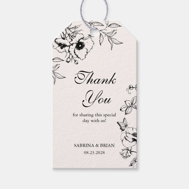 Black White Blommigt Garden WedWedmedand Tack Presentetikett (Framsidan)