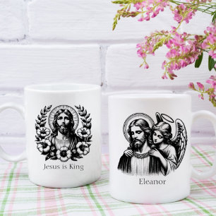 Black White Blommigt Jesus Kristus Guardian Angel Kaffemugg