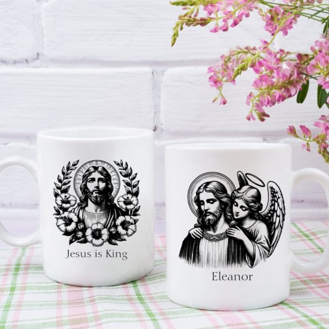 Black White Blommigt Jesus Kristus Guardian Angel Kaffemugg (Skapare uppladdad)