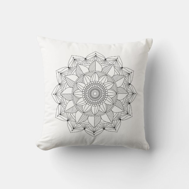 Black White Blommigt Mandala v1 Kudde (Framsida)