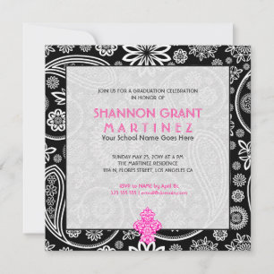 Black & White Blommigt Paisley - Elegant Grad Inbj Inbjudningar