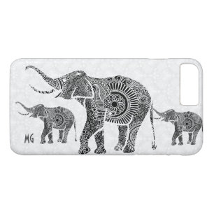 Black & White Blommigt Paisley Elephant-Monogram