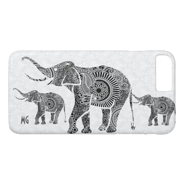 Black & White Blommigt Paisley Elephant-Monogram Case-Mate iPhone Skal (Baksida (horisontal))