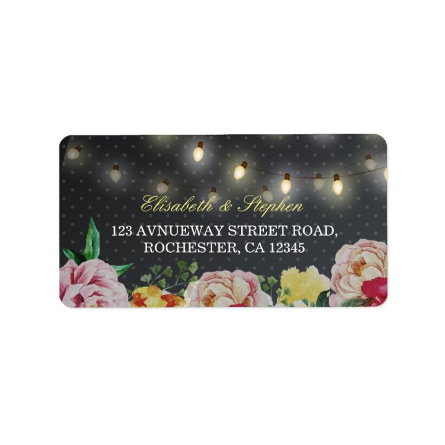Black White Blommigt String Light Polka dots Bröll Adressetikett (Framsidan)
