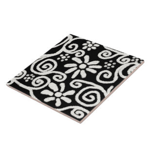 Black White Blommigt & Swirls Flowers Flower Mönst Kakelplatta