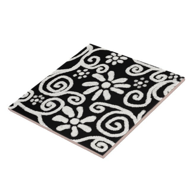 Black White Blommigt & Swirls Flowers Flower Mönst Kakelplatta (Sidan)