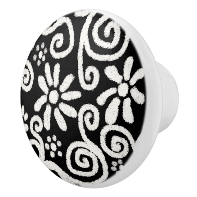 Black White Blommigt & Swirls Flowers Flower Mönst Knopp (Höger)