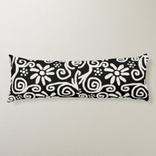 Black White Blommigt & Swirls Flowers Flower Mönst Kroppskudde