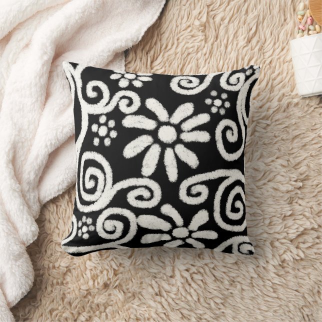Black White Blommigt & Swirls Flowers Flower Mönst Kudde (Filt)