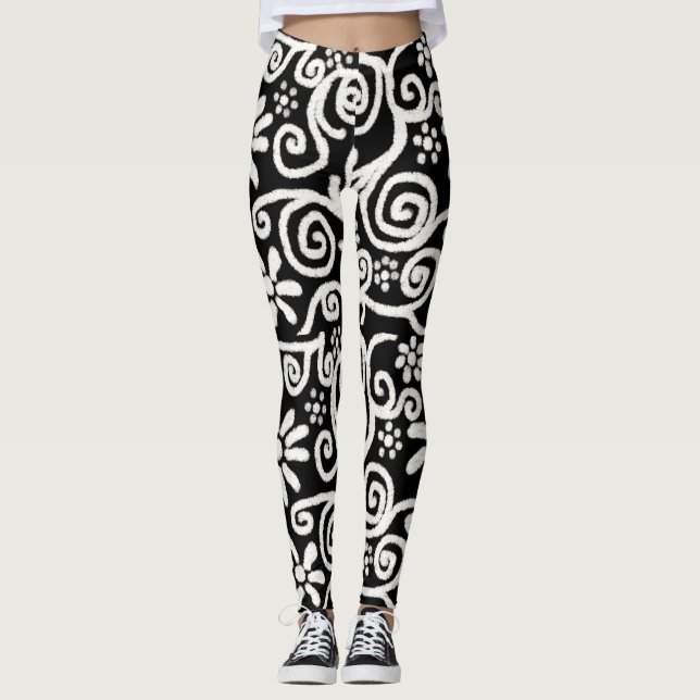 Black White Blommigt & Swirls Flowers Flower Mönst Leggings (Framsida)