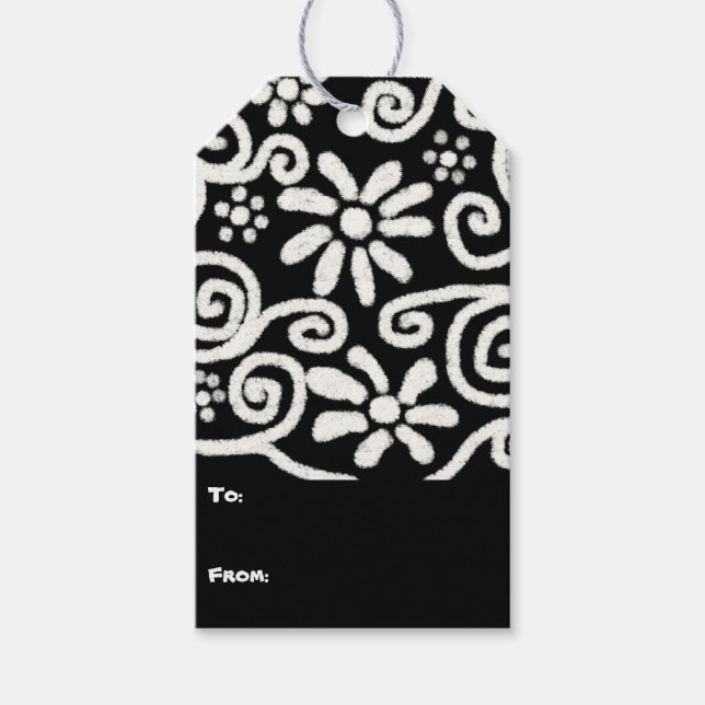Black White Blommigt & Swirls Flowers Flower Mönst Presentetikett (Framsidan)