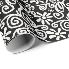 Black White Blommigt & Swirls Flowers Flower Mönst Presentpapper