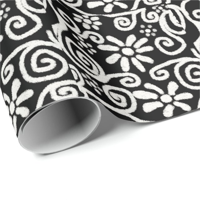 Black White Blommigt & Swirls Flowers Flower Mönst Presentpapper (Rullad Hörn)