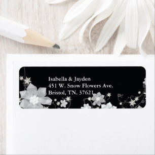 Black White Blommigt Winter Wedding Adress Returadress Etikett