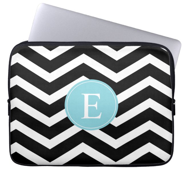 Black White Blue Chevron Anpassningsbar Laptop Sleeve (Framsidan)