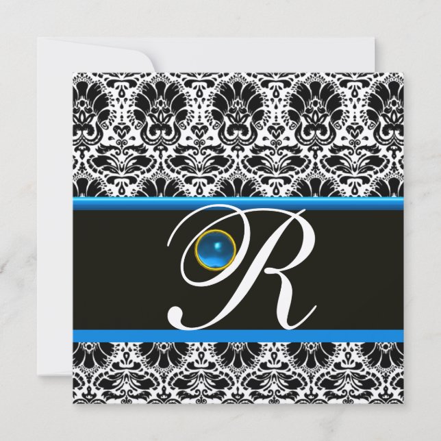 BLACK WHITE BLUE DAMASK MONOGRAM Sapphire Guld Inbjudningar (Framsida)
