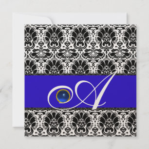 BLACK WHITE BLUE DAMASK MONOGRAM Sapphire Guld Inbjudningar