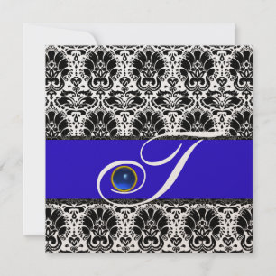BLACK WHITE BLUE DAMASK MONOGRAM Sapphire Metallic Inbjudningar