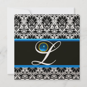 BLACK WHITE BLUE DAMASK MONOGRAM Sapphire Metallic Inbjudningar