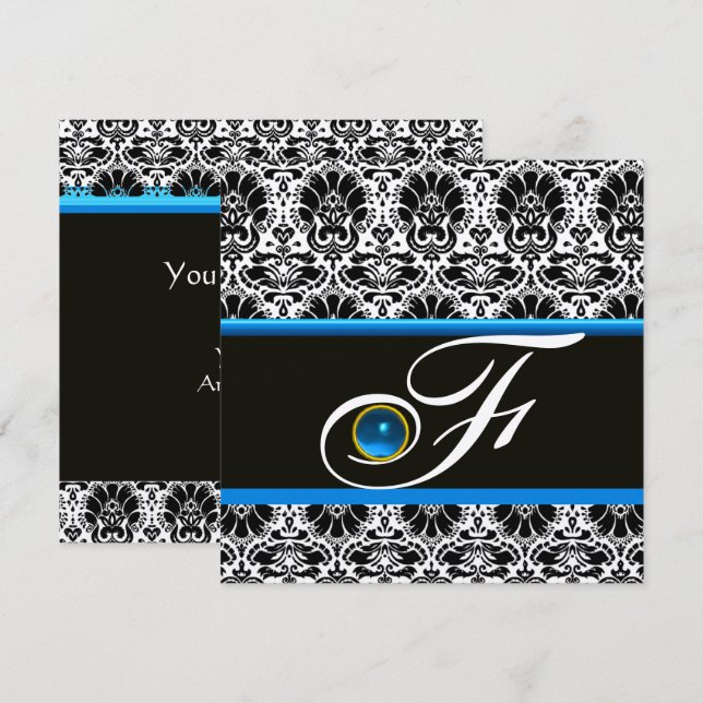 BLACK WHITE BLUE DAMASK MONOGRAM Sapphire Silver Inbjudningar (Fram/baksida)