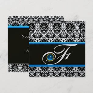 BLACK WHITE BLUE DAMASK MONOGRAM Sapphire Silver Inbjudningar