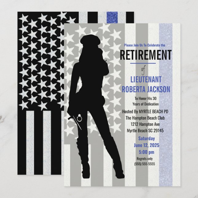 Black White Blue Flagga Police Woman Pension Inbjudningar (Fram/baksida)